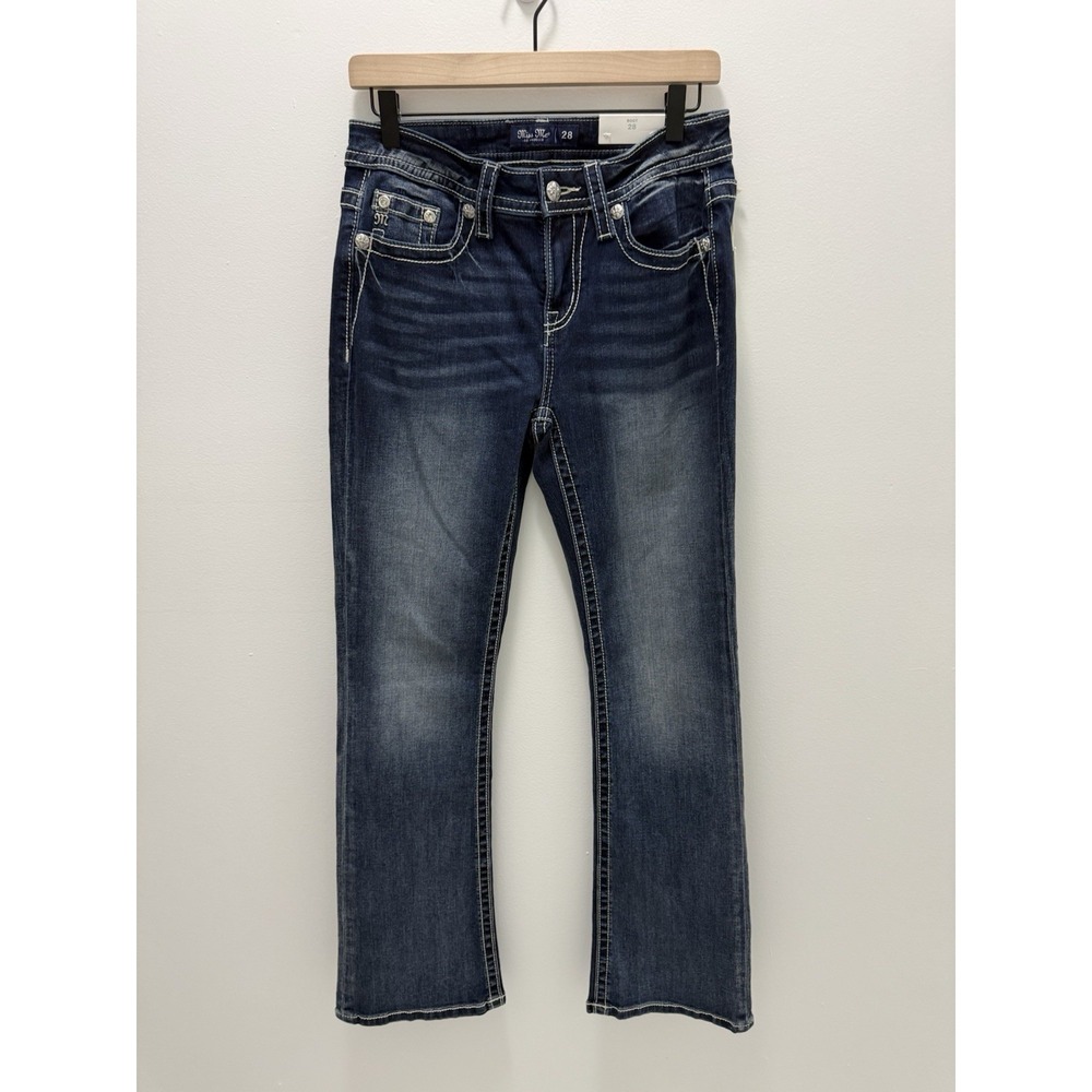Miss Me Jeans Womens 28 Mid Rise Bootcut Dark Wash Embellished Wing Pocket New
